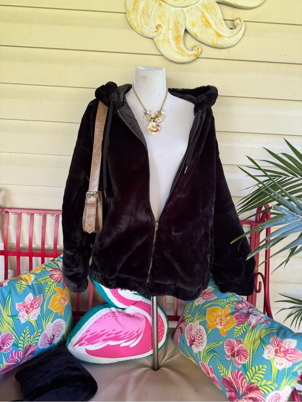 Plush Hooded Faux Fur Jacket in black